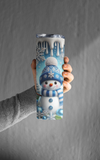 Blue Snowman Skinny Tumbler with Lid and Straw, Winter Theme, Snowflake Design