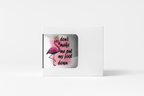 A white square mug or cup shown from the side with a clear window, revealing a printed design of a pink flamingo and the phrase 'don't make me put my foot down' on a light gray background.