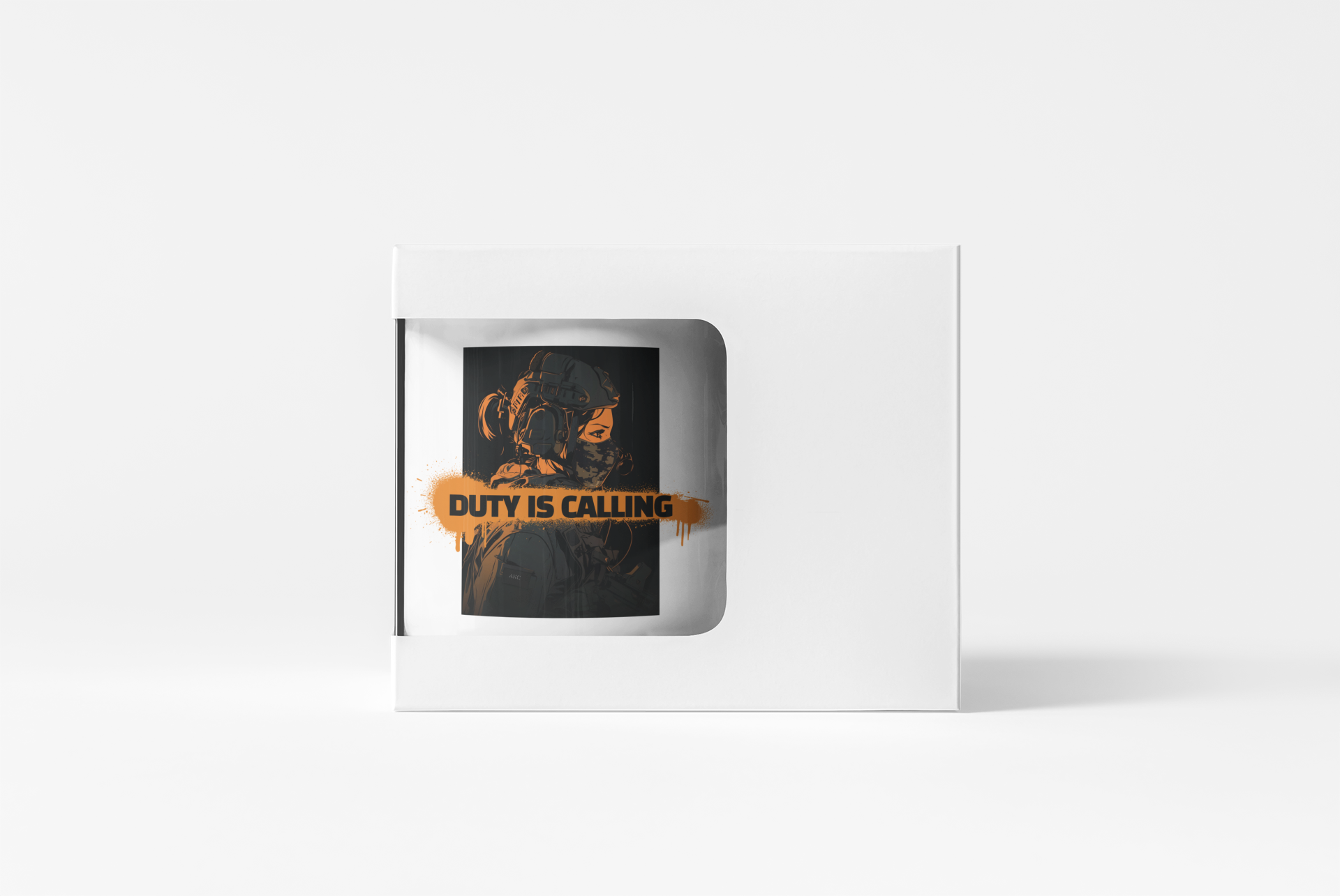 A white square product box with a die-cut window displaying a black square item featuring an orange graphic and the text 'DUTY IS CALLING'.