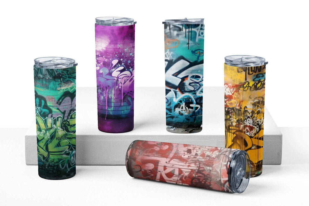 Urban Graffiti Art Stainless Steel Tumbler, 20 oz, Insulated Travel Cup with Lid, Multi-Color Design