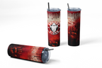 Three views of a tall insulated tumbler with a clear lid and straw, printed with a horror-style Halloween design in red, black, and beige. One view shows a circular logo reading 'Spooky Vices' with a white ghost.