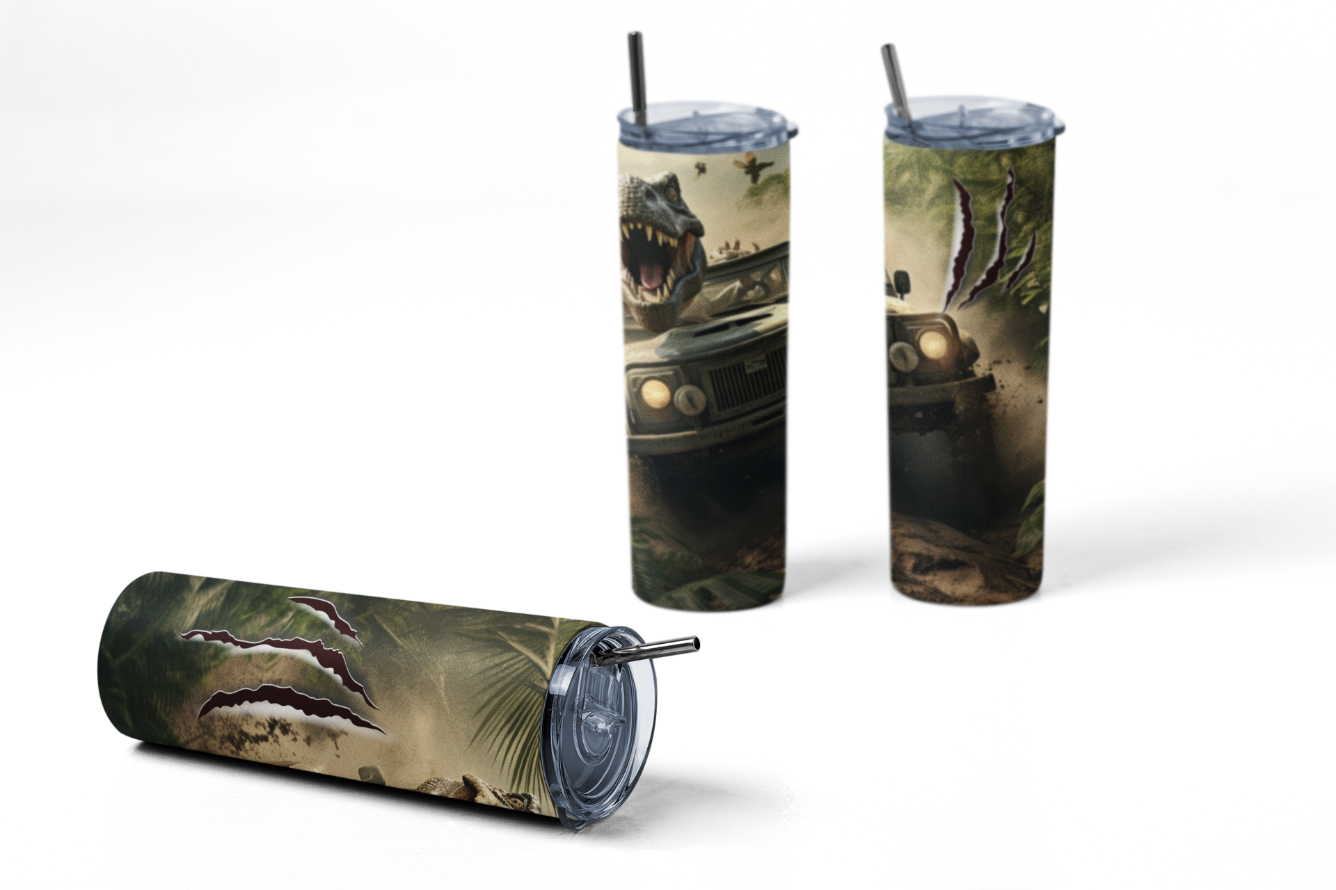 Three tumblers with a camouflage design featuring a truck and animal prints on a white background.
