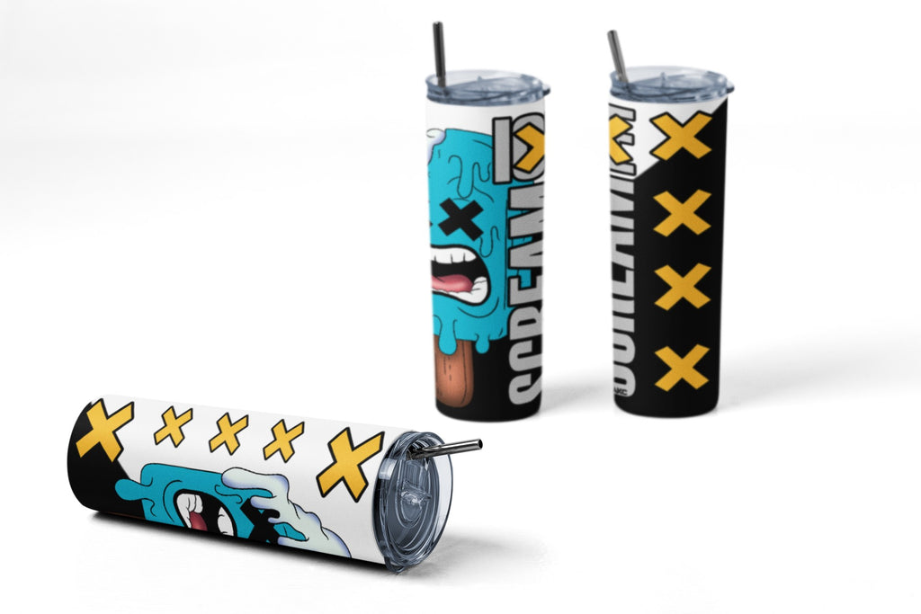 Three insulated tumblers with cartoon character designs on a white background