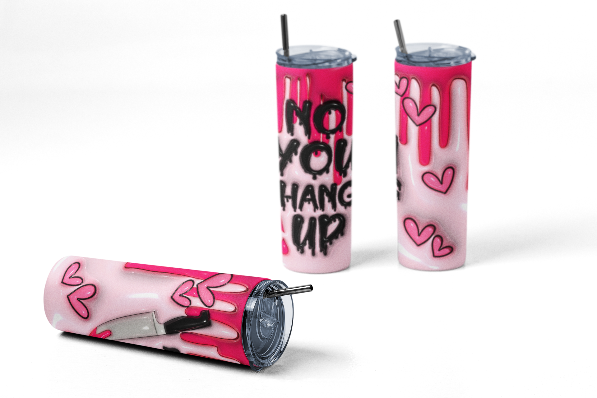 Three views of a pink and white tumbler with a dripping paint design, pink hearts, and the text 'NO YOU CAN'T HANG UP' on a white background.
