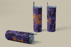 Three purple Halloween-themed tumbler cups with straws on a beige background. One cup is lying down, and two are standing upright.