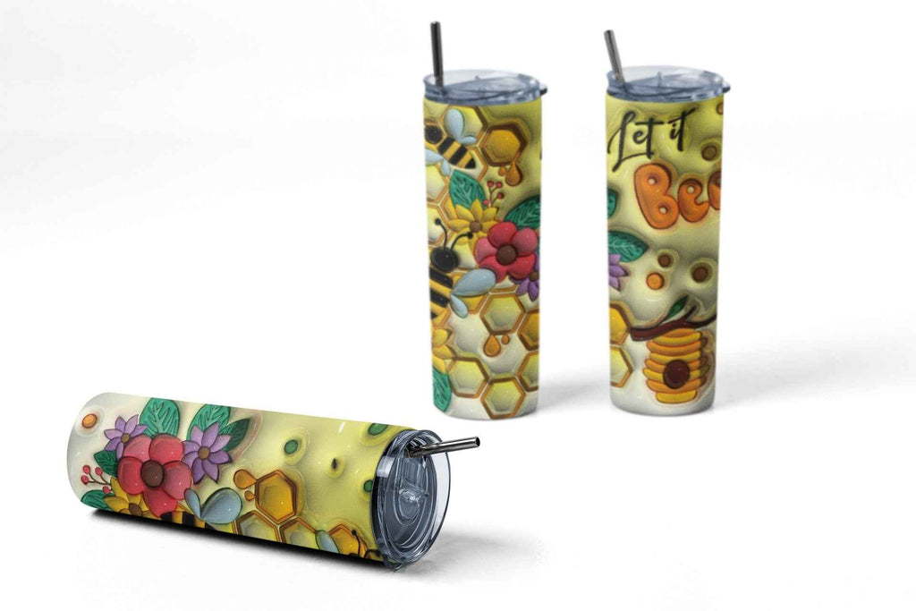 Let it Bee Custom Design Tumbler, Stainless Steel, 20 oz, Bee and Honeycomb Theme with Lid and Straw