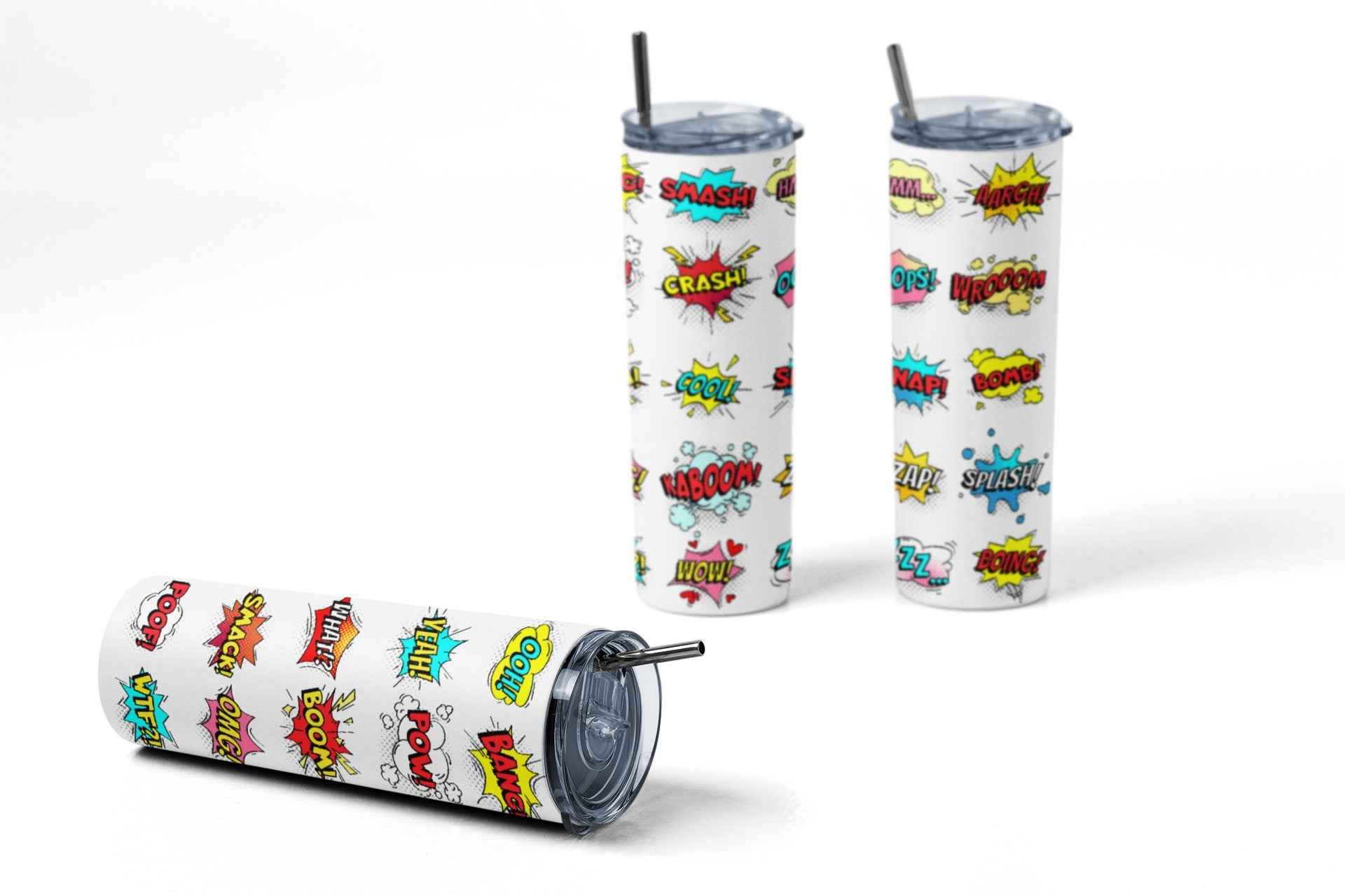 Comic Book Speech Bubble Pattern Tumbler, 20 oz Stainless Steel, Insulated Travel Cup with Lid