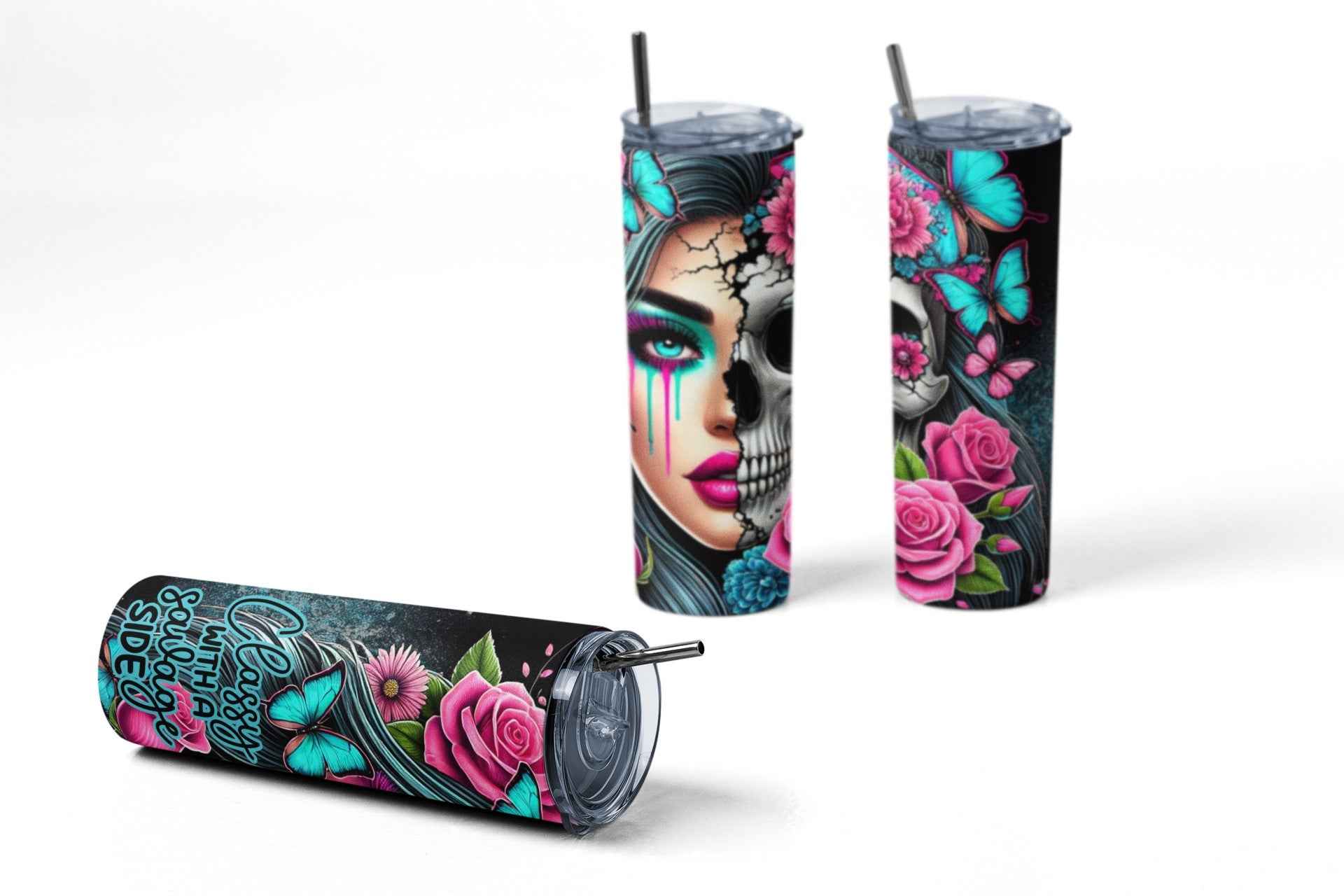Sugar Skull Design Stainless Steel Tumbler, 20 oz, Turquoise Butterflies and Pink Roses