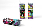 Retro Break Dance Tumbler, Stainless Steel, Colorful Geometric Design, Black Silhouette Art