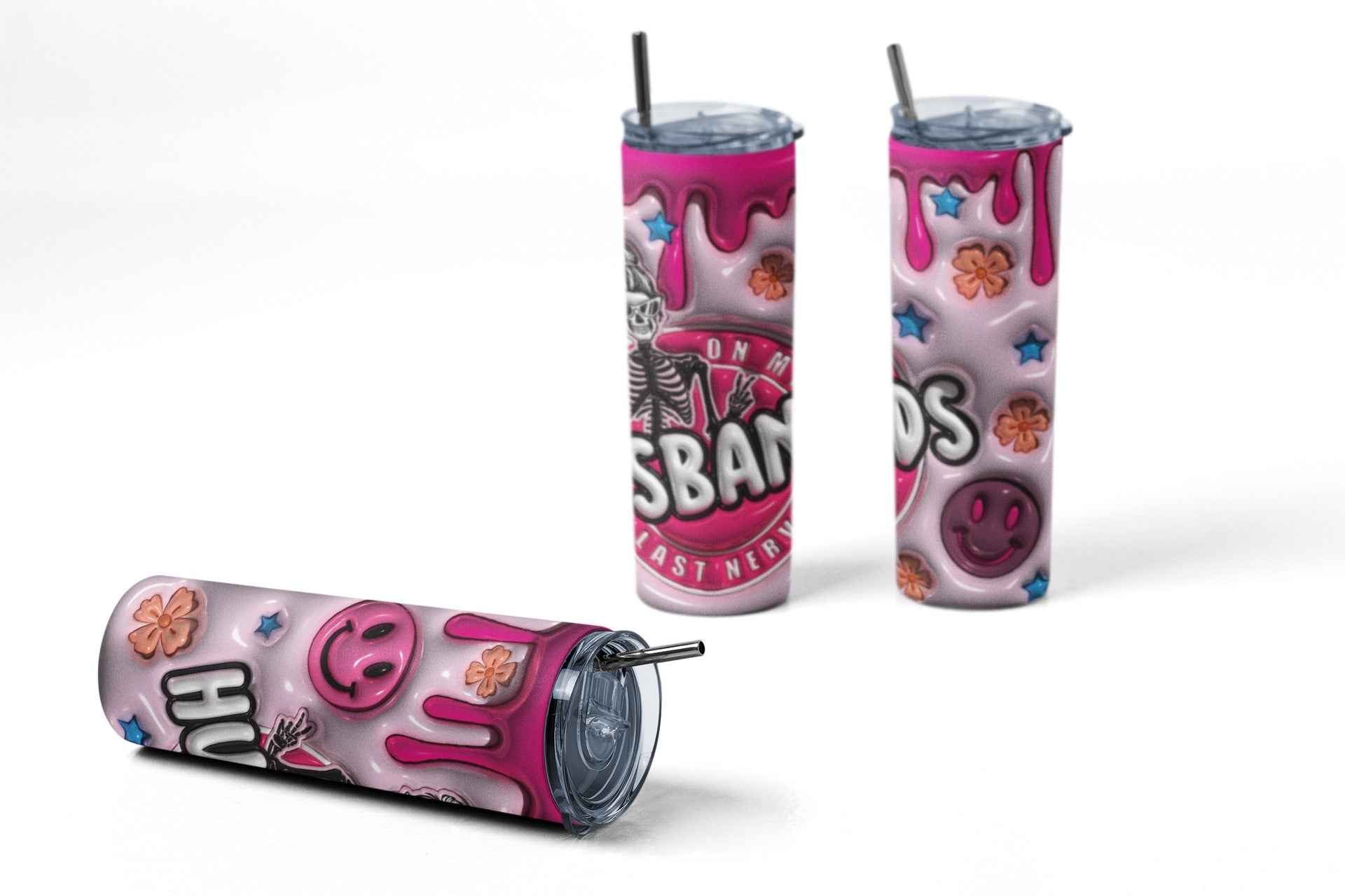 Funny Mama Stainless Steel Tumbler with Straw, 20 oz, Pink Drip Design with Skeleton, Smiley Face and Floral Graphics