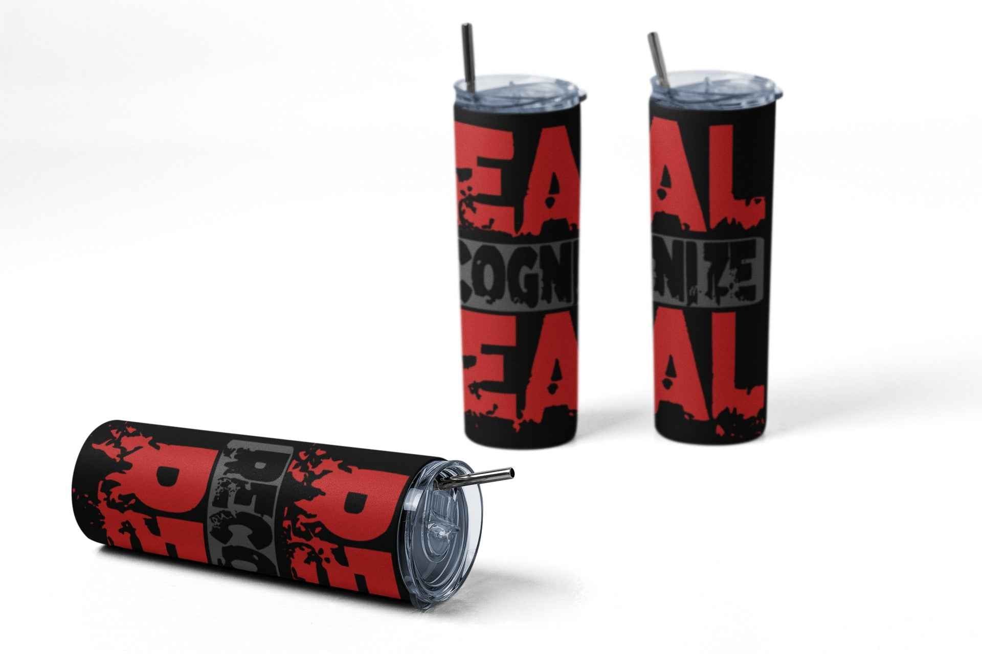 Real Recognize Real Stainless-Steel Tumbler, 20 oz Black and Red Design, Insulated Cup with Lid and Straw