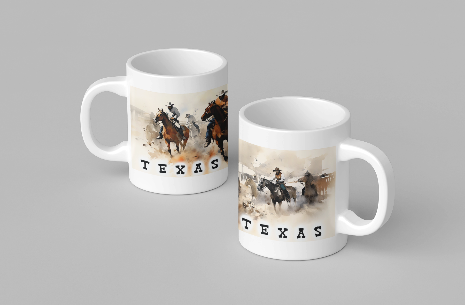 Two white ceramic mugs with a western-themed graphic print of horseback riders and the word 'TEXAS' printed below, shown on a neutral gray background.