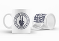 Two white ceramic mugs with dark navy blue printed graphics on a clean white background. One mug is upright and shows a circular graphic of a skeleton hand making a peace sign with the text 'I DON'T RIDE ON THE CRAZY TRAIN I DRIVE IT'.