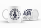 Two white ceramic mugs with dark navy blue printed graphics on a clean white background. One mug is upright and shows a circular graphic of a skeleton hand making a peace sign with the text 'I DON'T RIDE ON THE CRAZY TRAIN I DRIVE IT'.