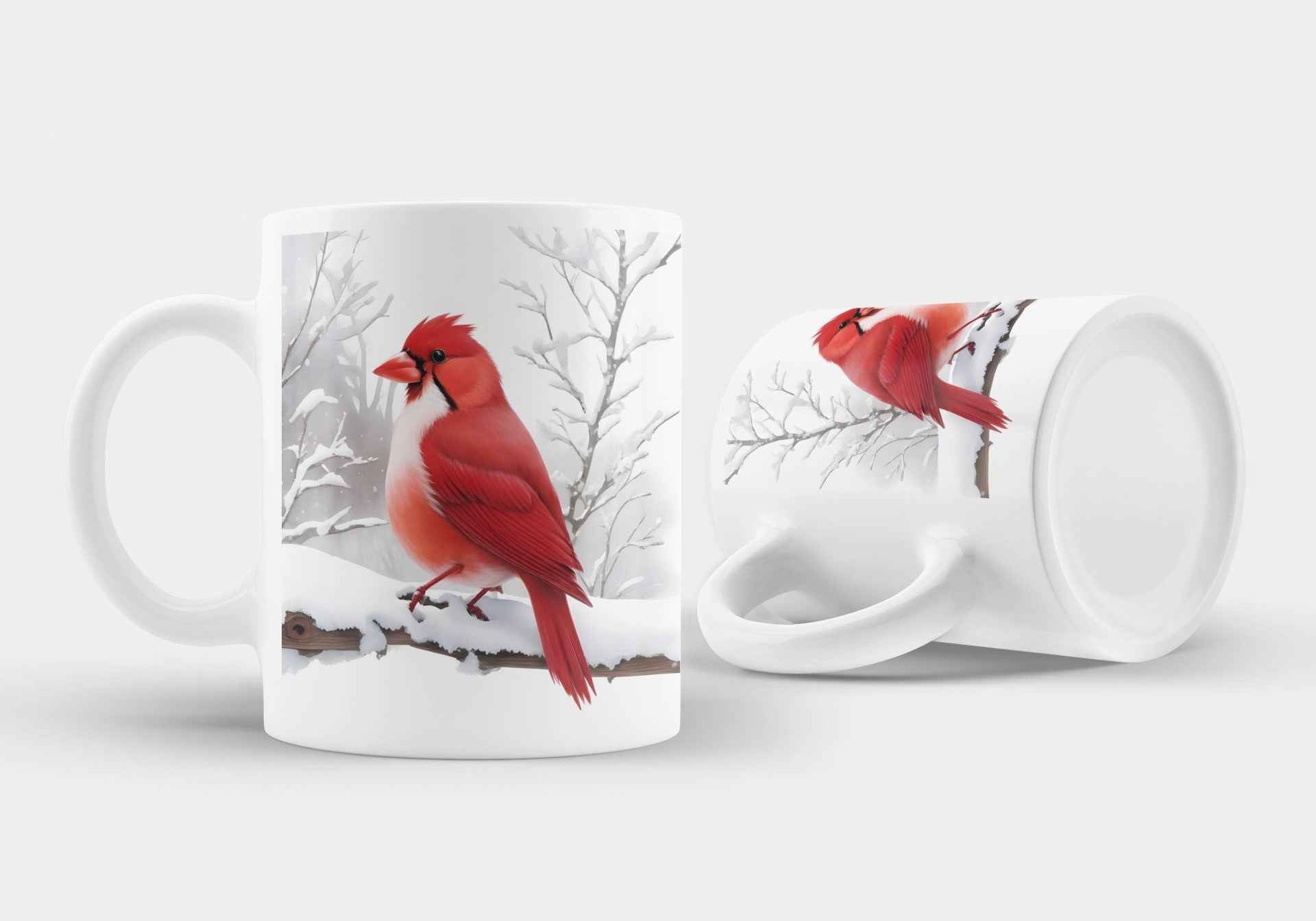 Cardinal Coffee Mug White Ceramic, Snow Scene Design