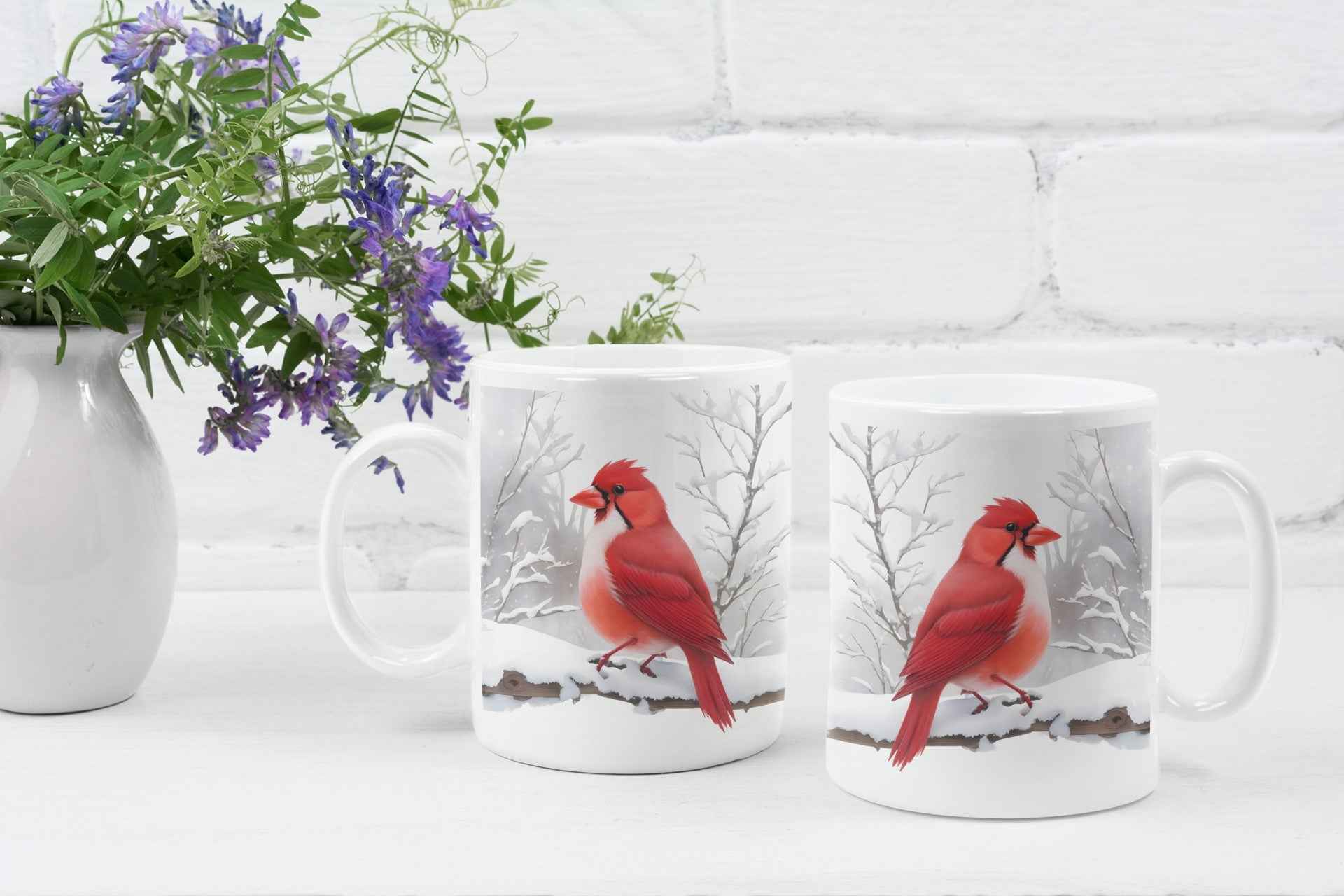 Cardinal Coffee Mug White Ceramic, Snow Scene Design