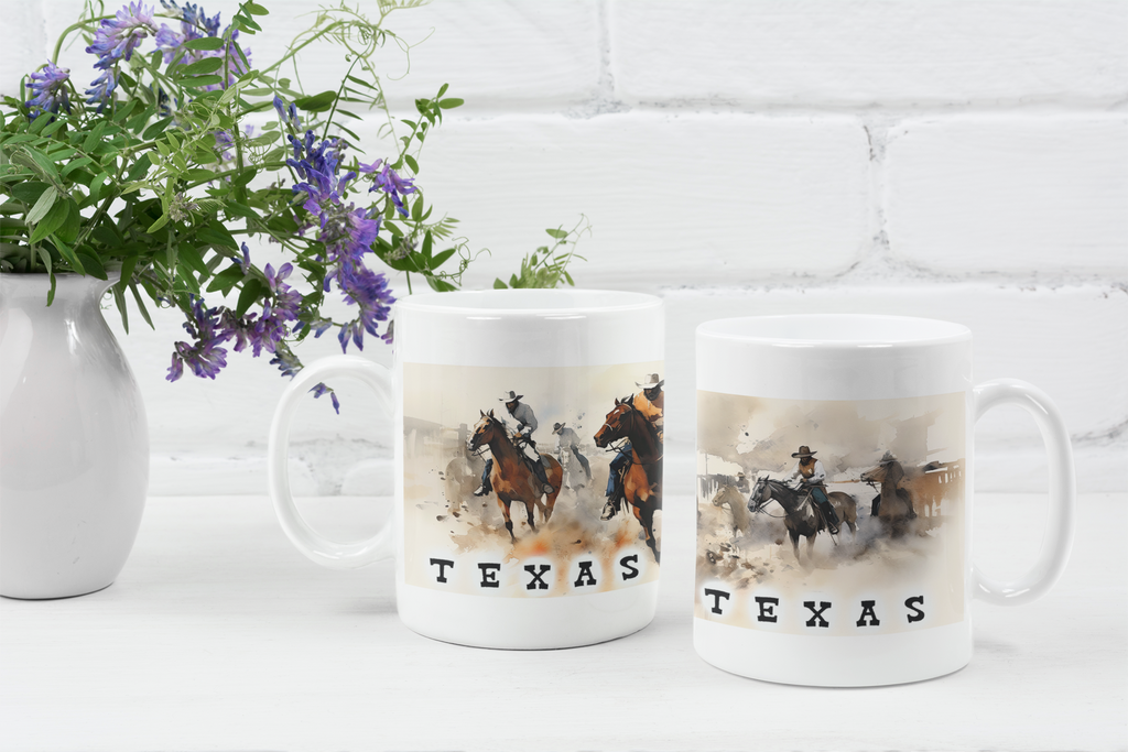 Two white ceramic mugs with a western Texas cowboy and horse print, displayed on a white surface next to a white vase with purple flowers against a white brick wall.