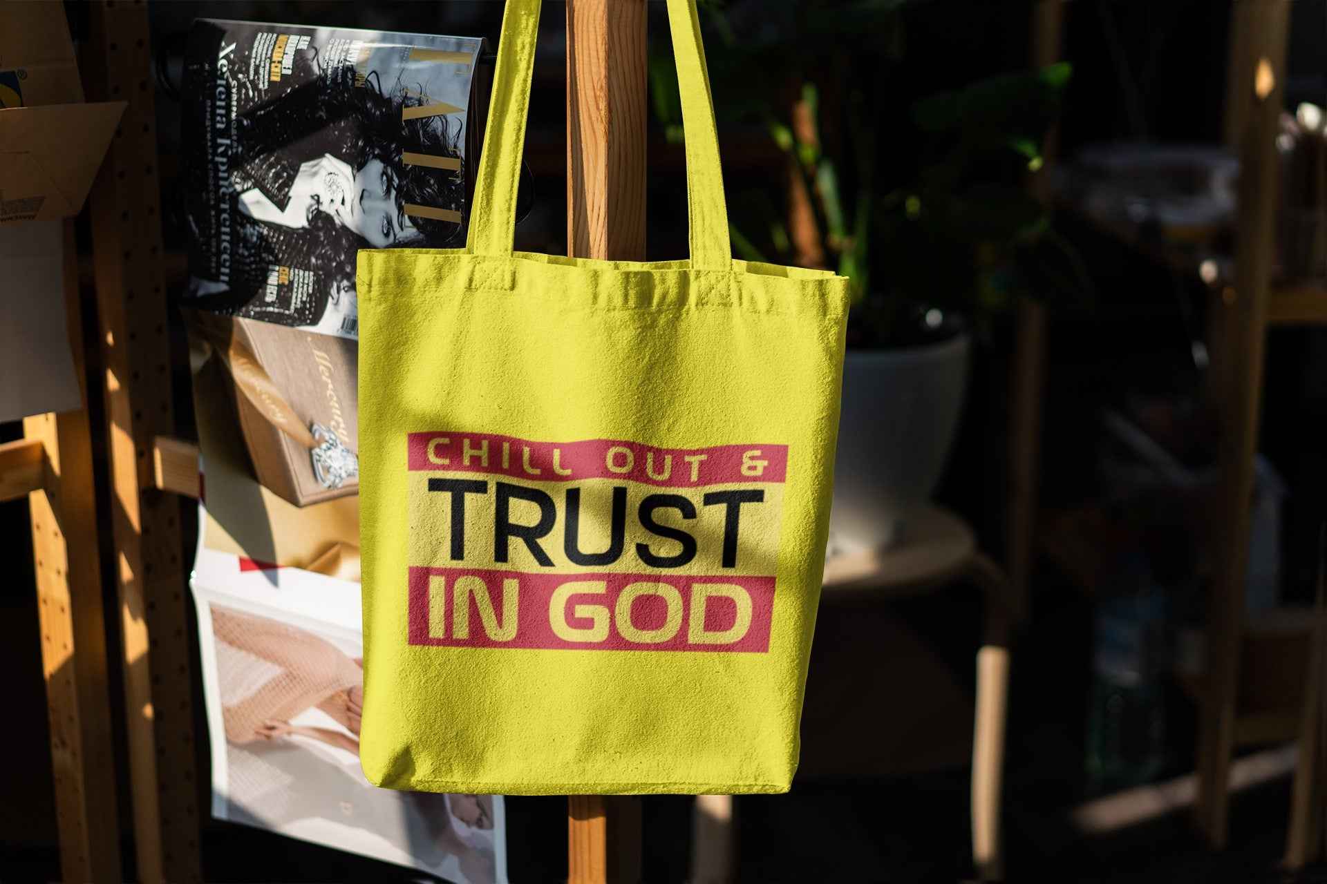 Inspirational Canvas Tote Bag, Yellow, Trust in God Design, 15x16 inches