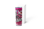 Pink energy drink can with branding on a white background