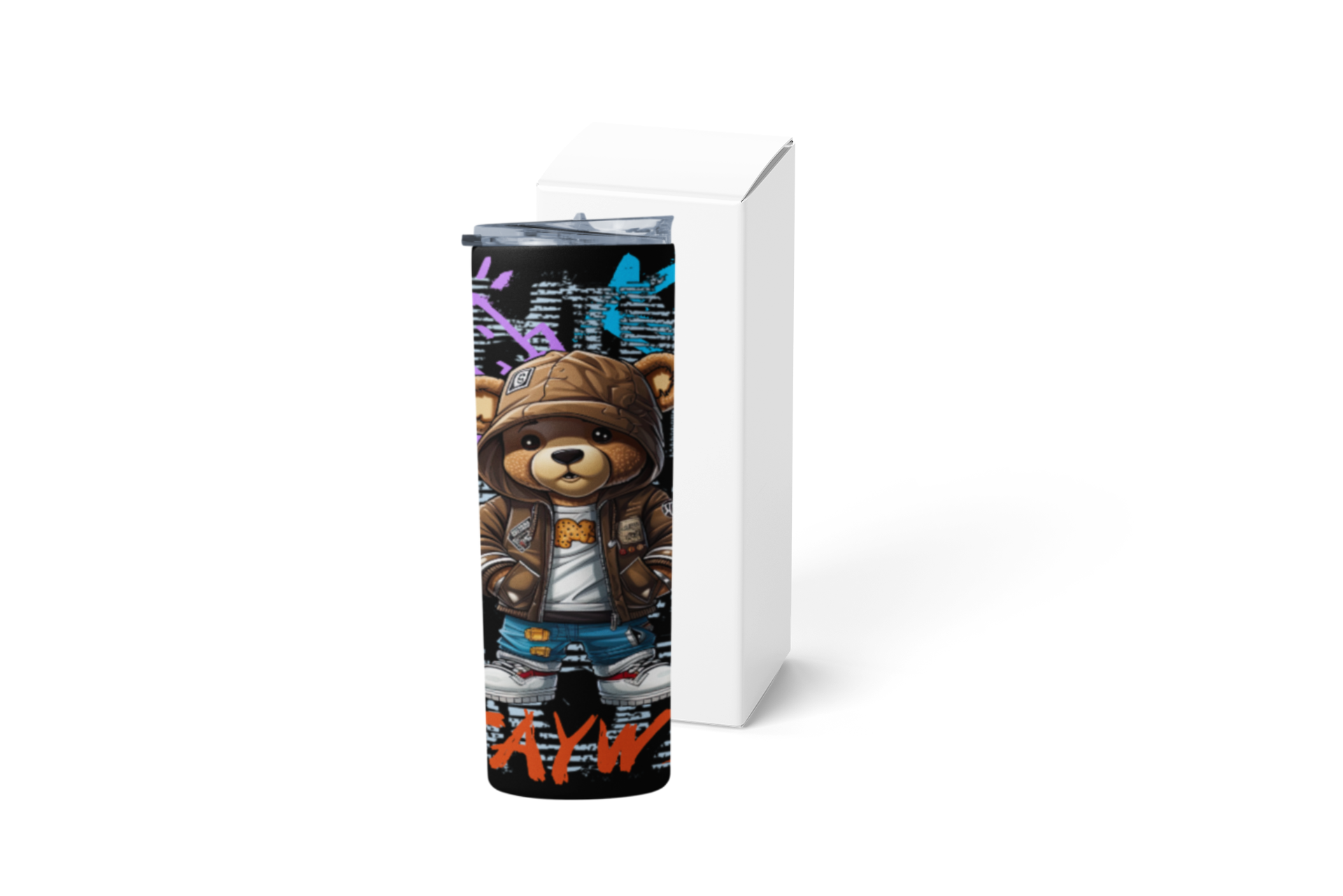Tumbler with a bear design on a white background