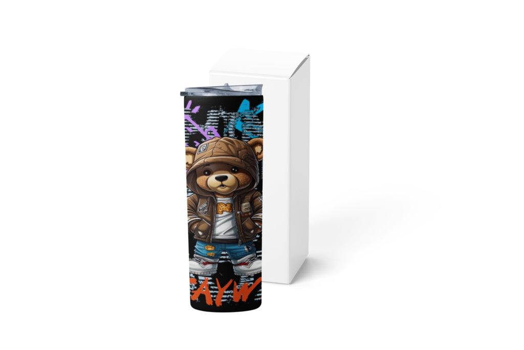 Tumbler with a bear design and text on a white background