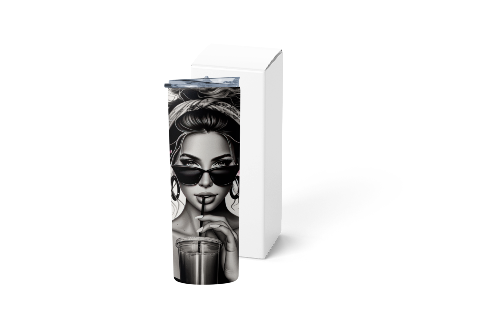 Tumbler with a black and white design of a woman wearing sunglasses and a headscarf, placed on a white surface.