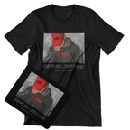 A black short-sleeve graphic T-shirt displayed on a white background, with a matching black rectangular print or card placed in front. The graphic shows a person in a gray hoodie wearing a red cap with the word HOPE, plus the text 'DREAM BIG.