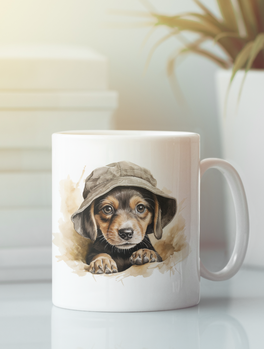 Mug with a design of a puppy wearing a hat on a light background