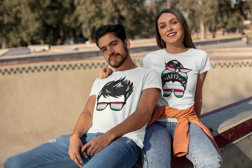 Hungarian Flag Messy Bun Graphic T-Shirt, White Cotton, Sunglasses Design