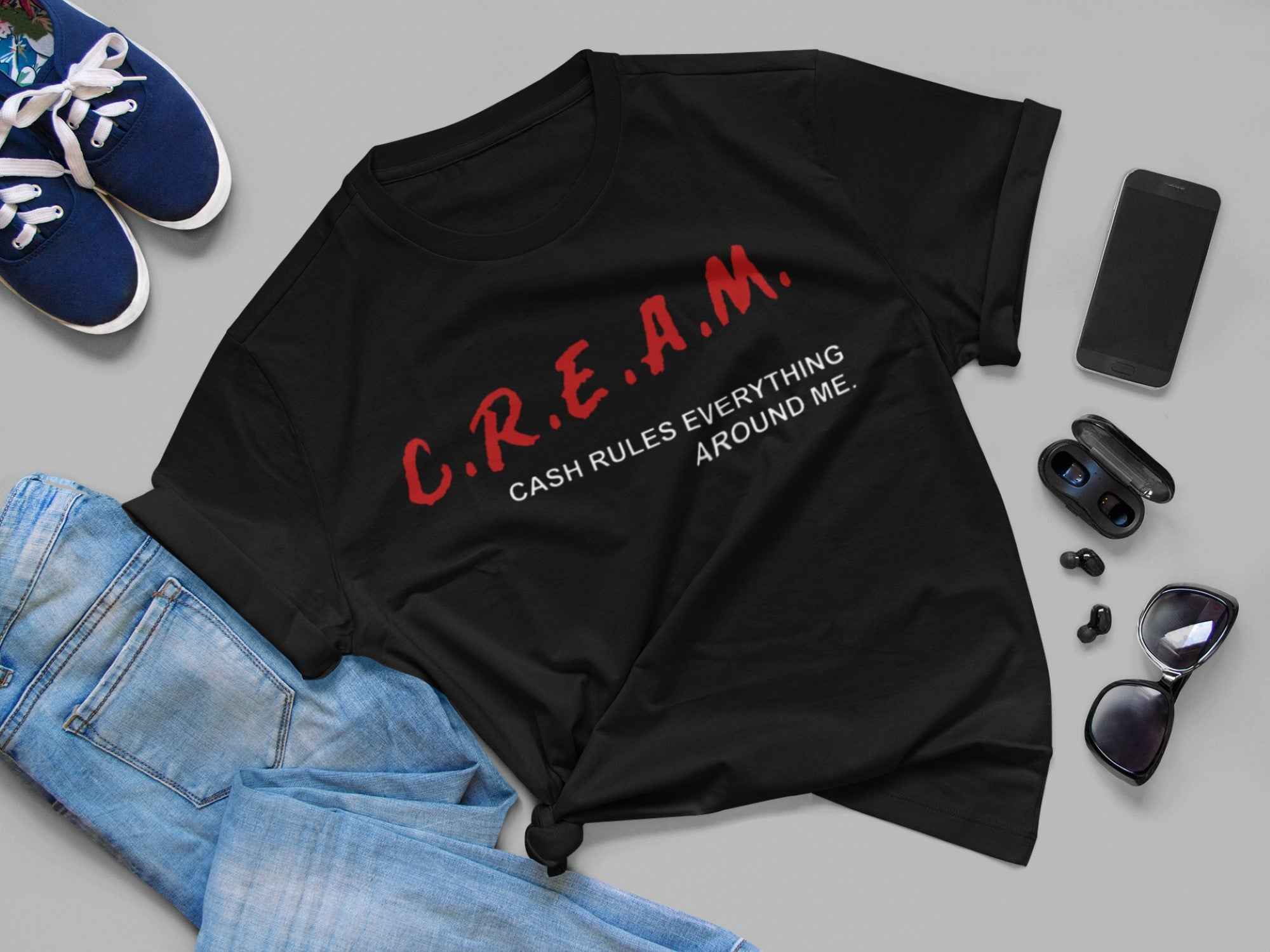 C.R.E.A.M. T-Shirt Cash Rules Everything Around Me Hip-Hop Inspired, Black, Adult