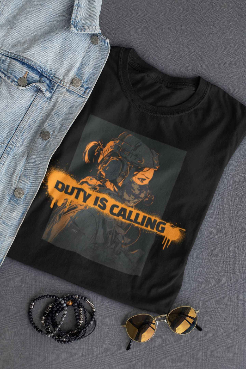 Duty is Calling Graphic T-Shirt Black, Tactical Soldier Design with Orange Print