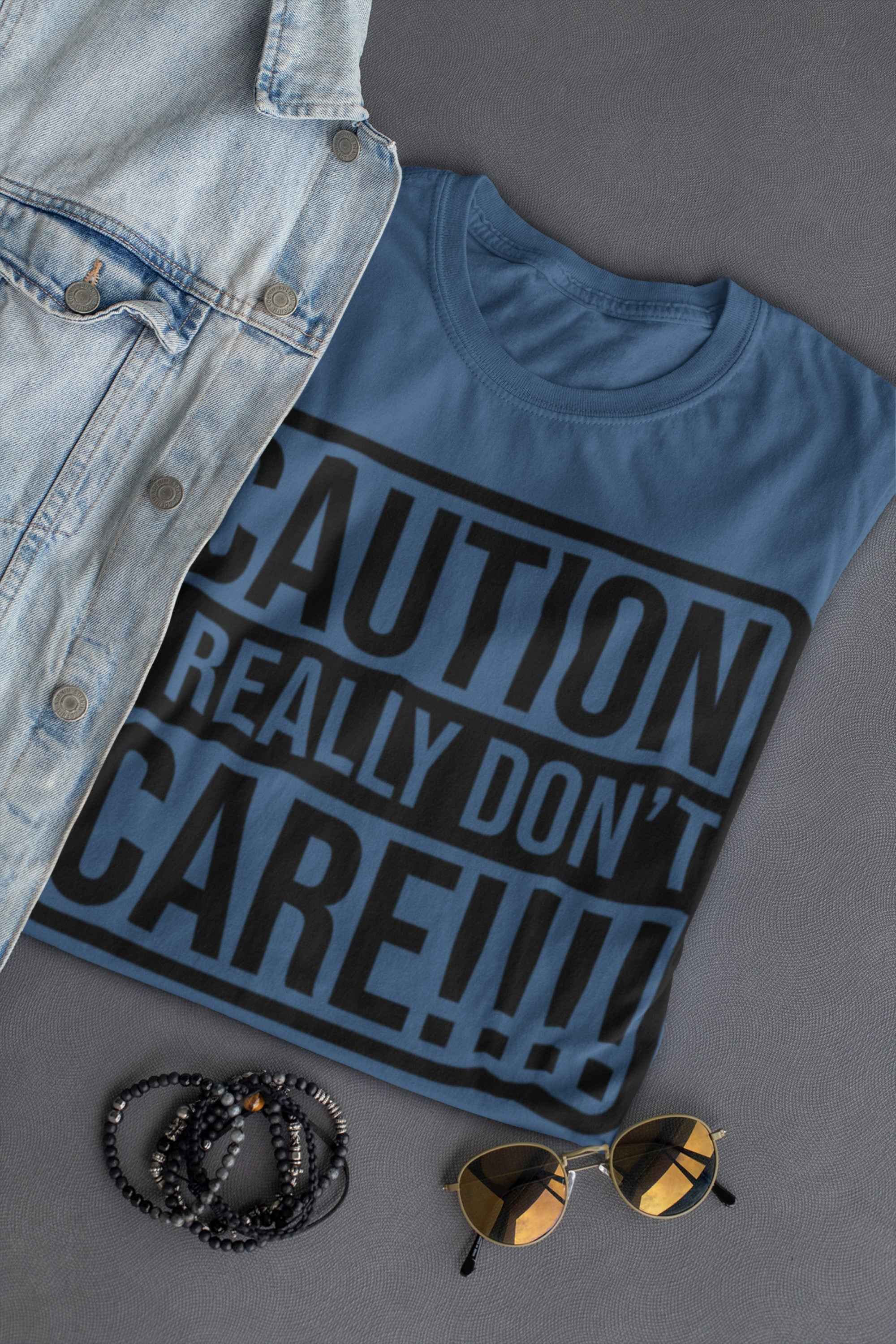Funny Caution T-Shirt, I Really Don't Care Design, Indigo Blue, Size M, Adult Unisex
