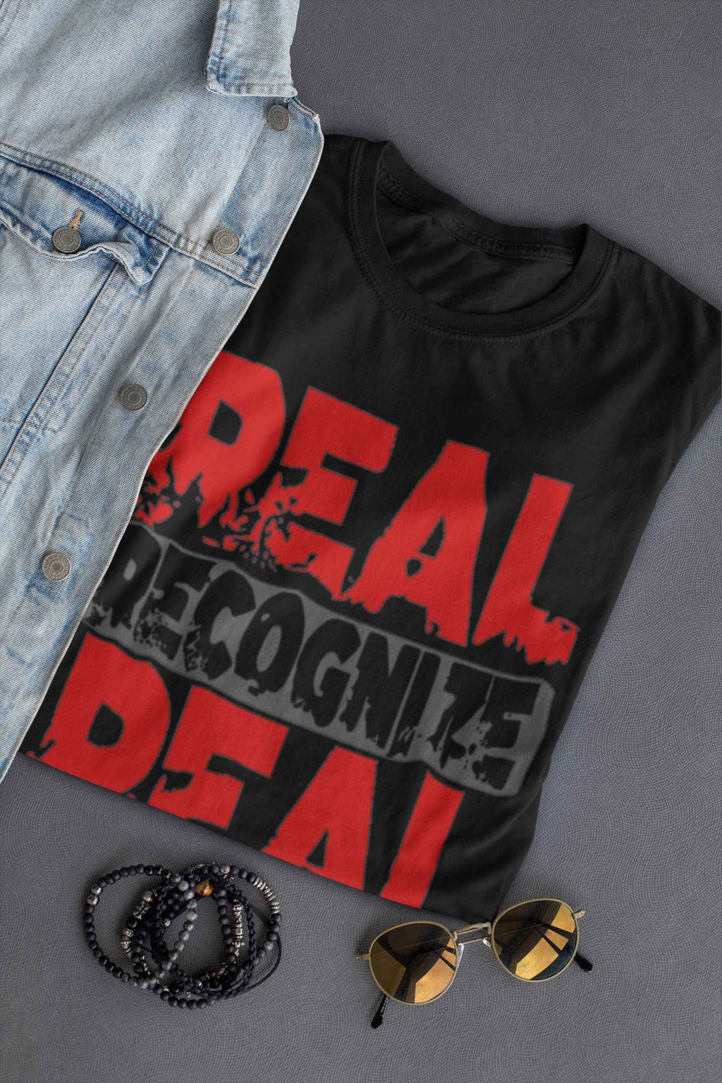Real Recognize Real Graphic T-Shirt, Black and Red Design, Short Sleeve