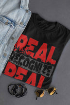 Real Recognize Real Graphic T-Shirt, Black and Red Design, Short Sleeve