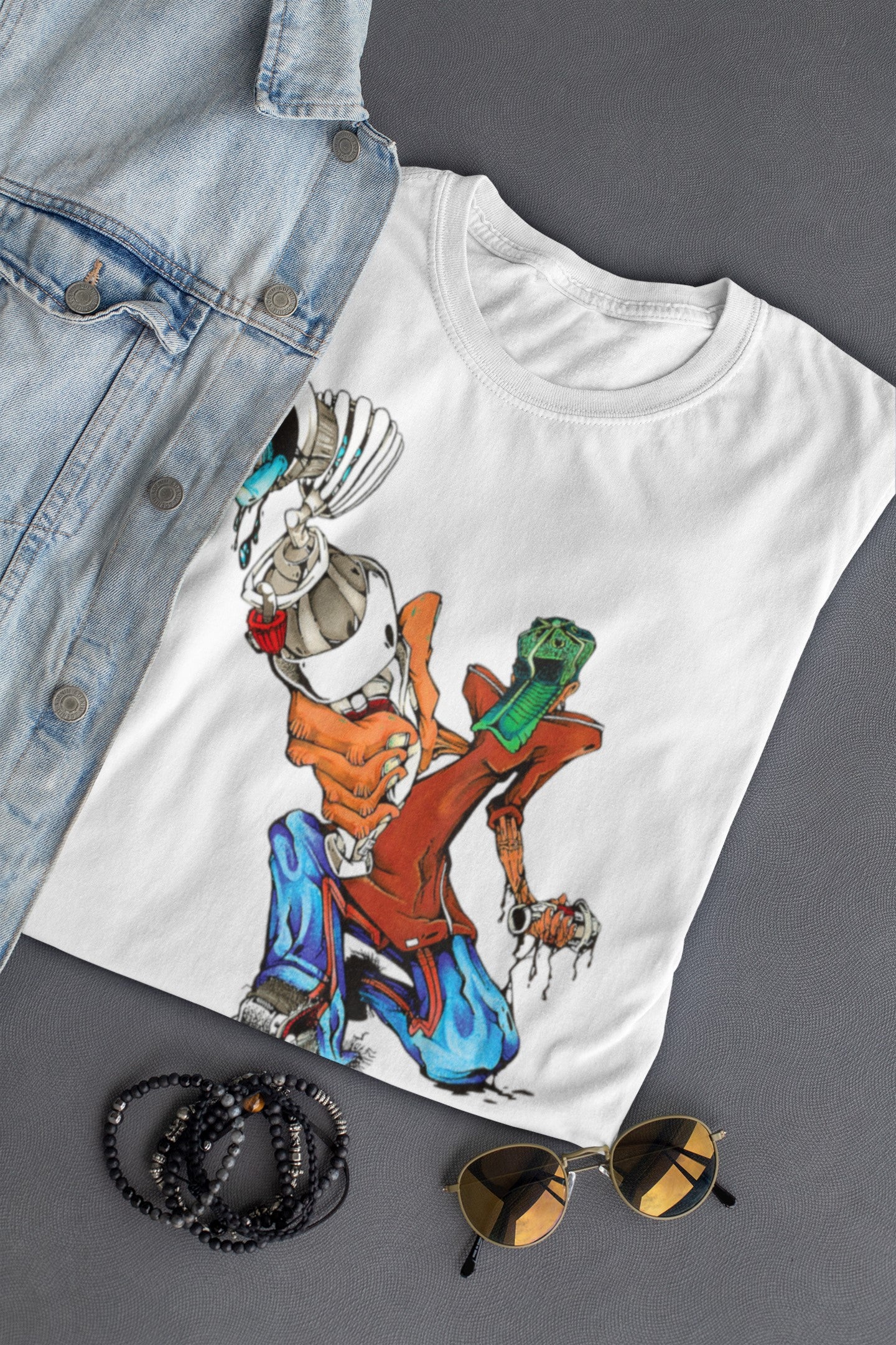 Urban Graffiti Style Graphic T-Shirt, White Cotton, Street Art Design