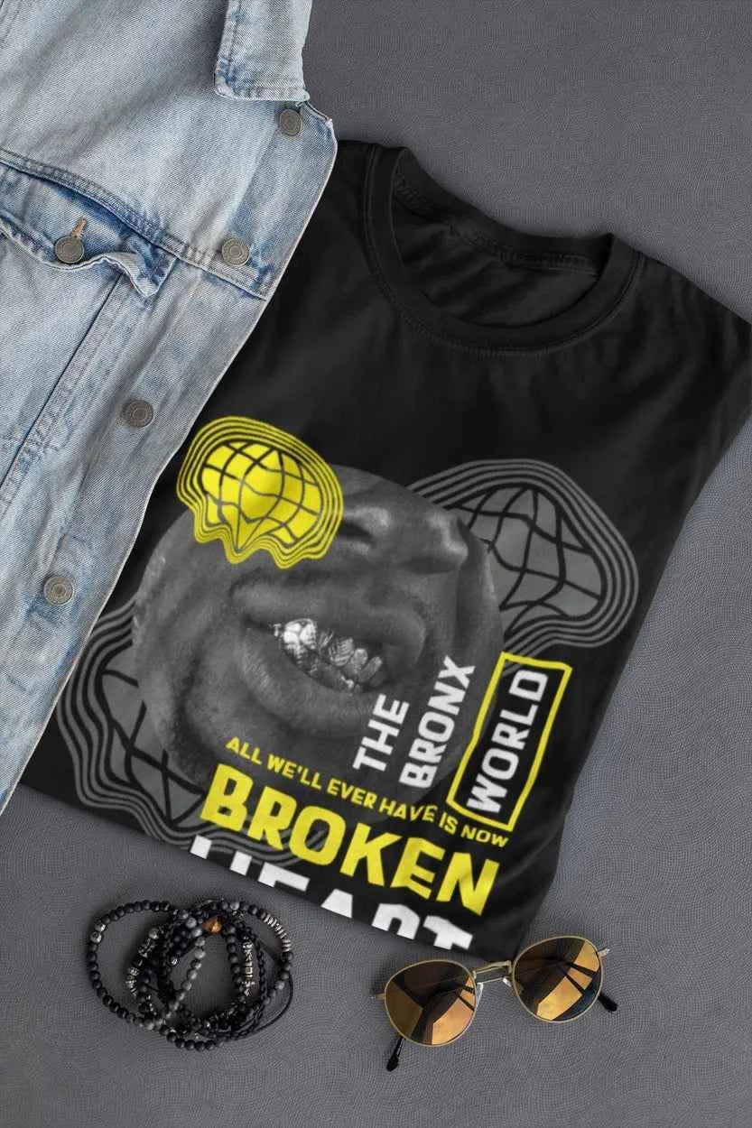 Bronx Broken Heart World Graphic T-Shirt, Black Cotton, Vintage Style