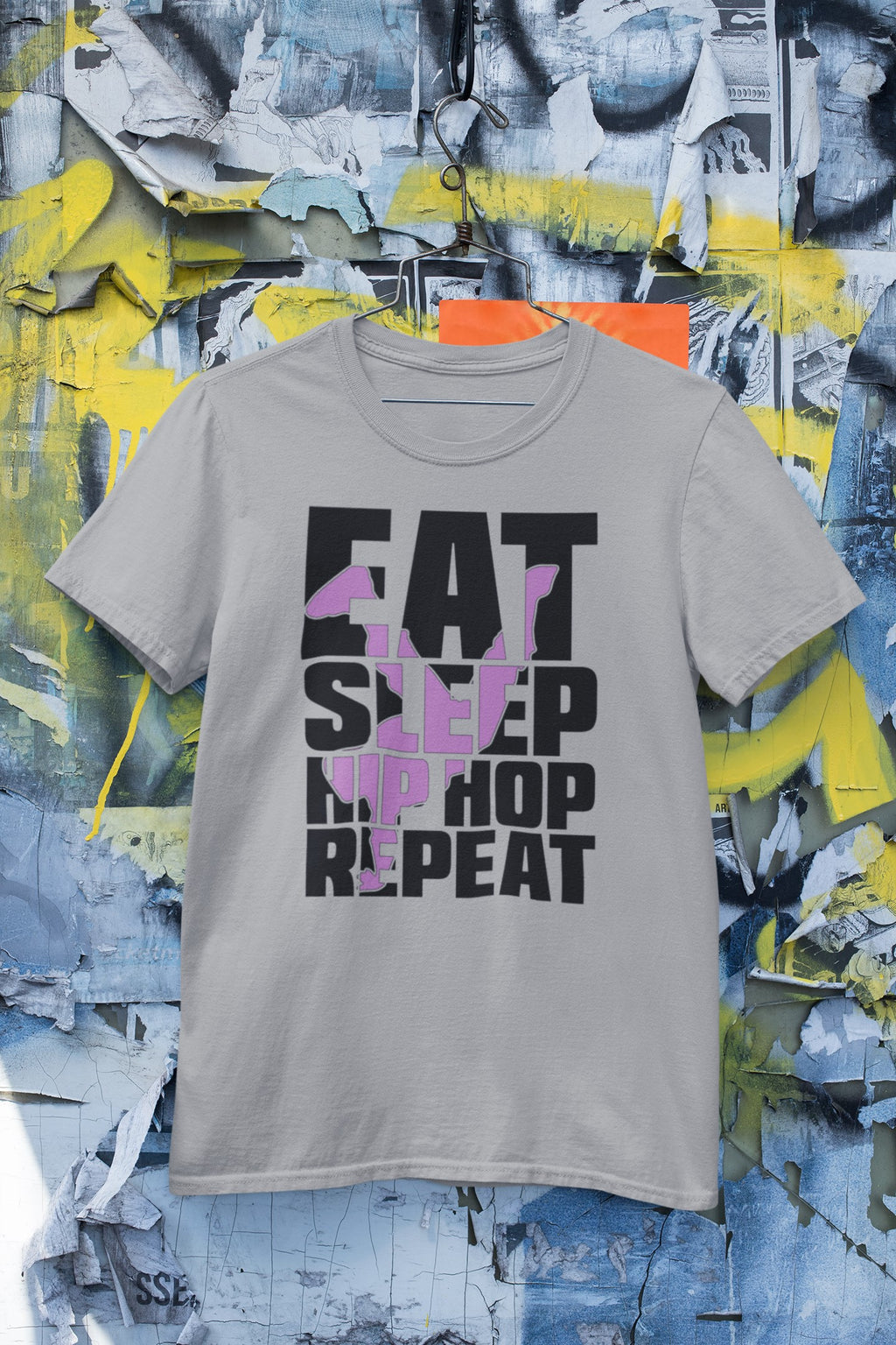 Gray t-shirt with 'Eat Sleep Hip Hop Repeat' text on a graffiti-style background