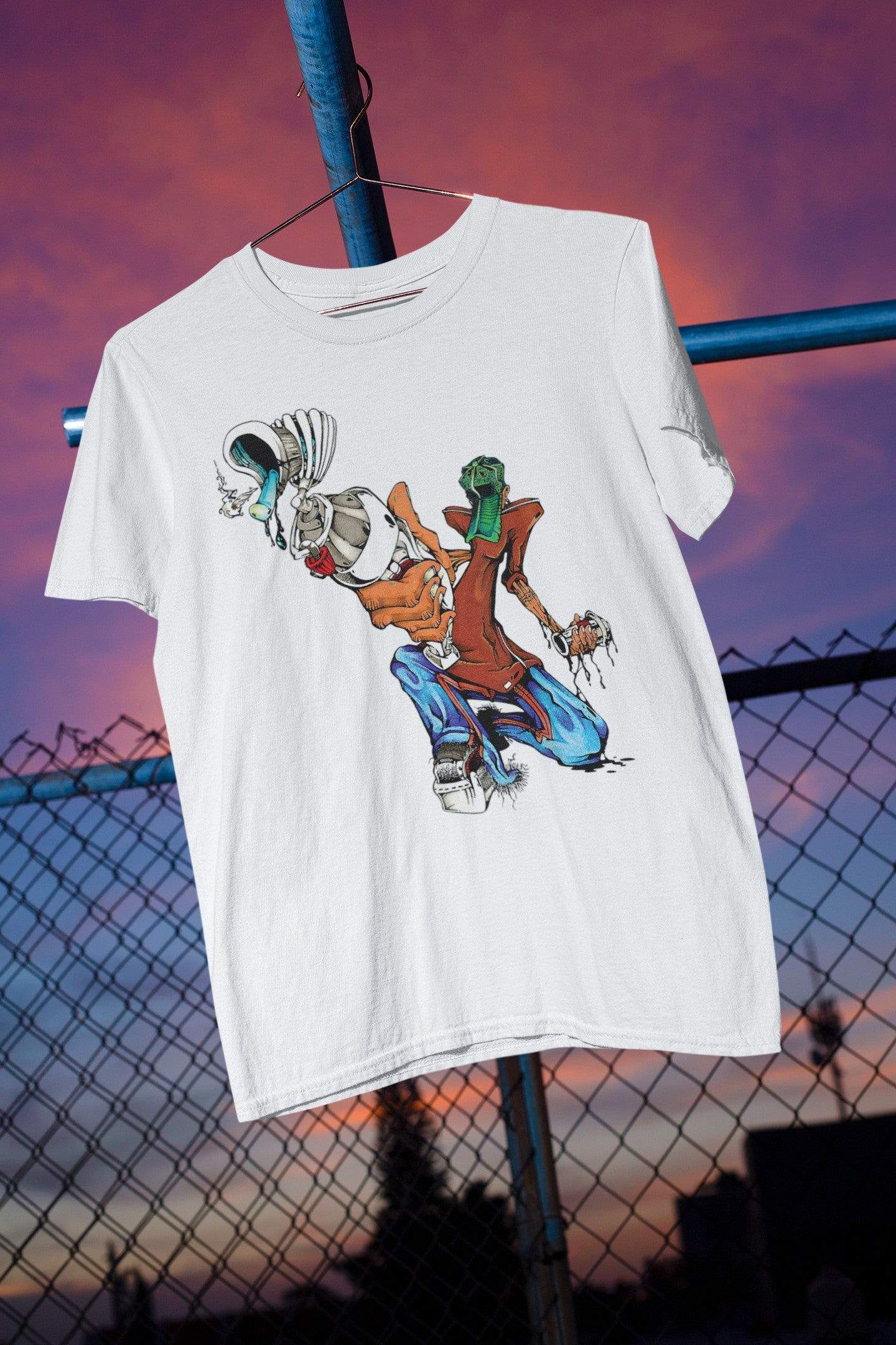 Urban Graffiti Style Graphic T-Shirt, White Cotton, Street Art Design