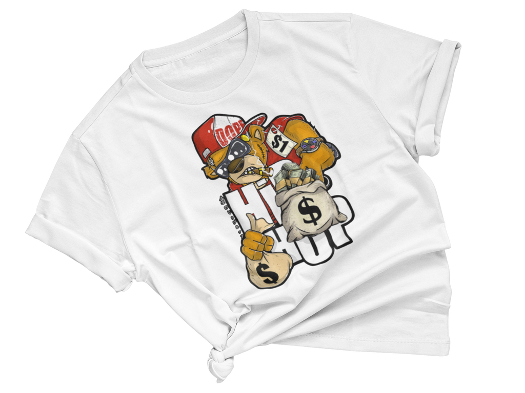 White t-shirt with cartoon graphic design on a white background