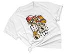 White t-shirt with cartoon graphic design on a white background