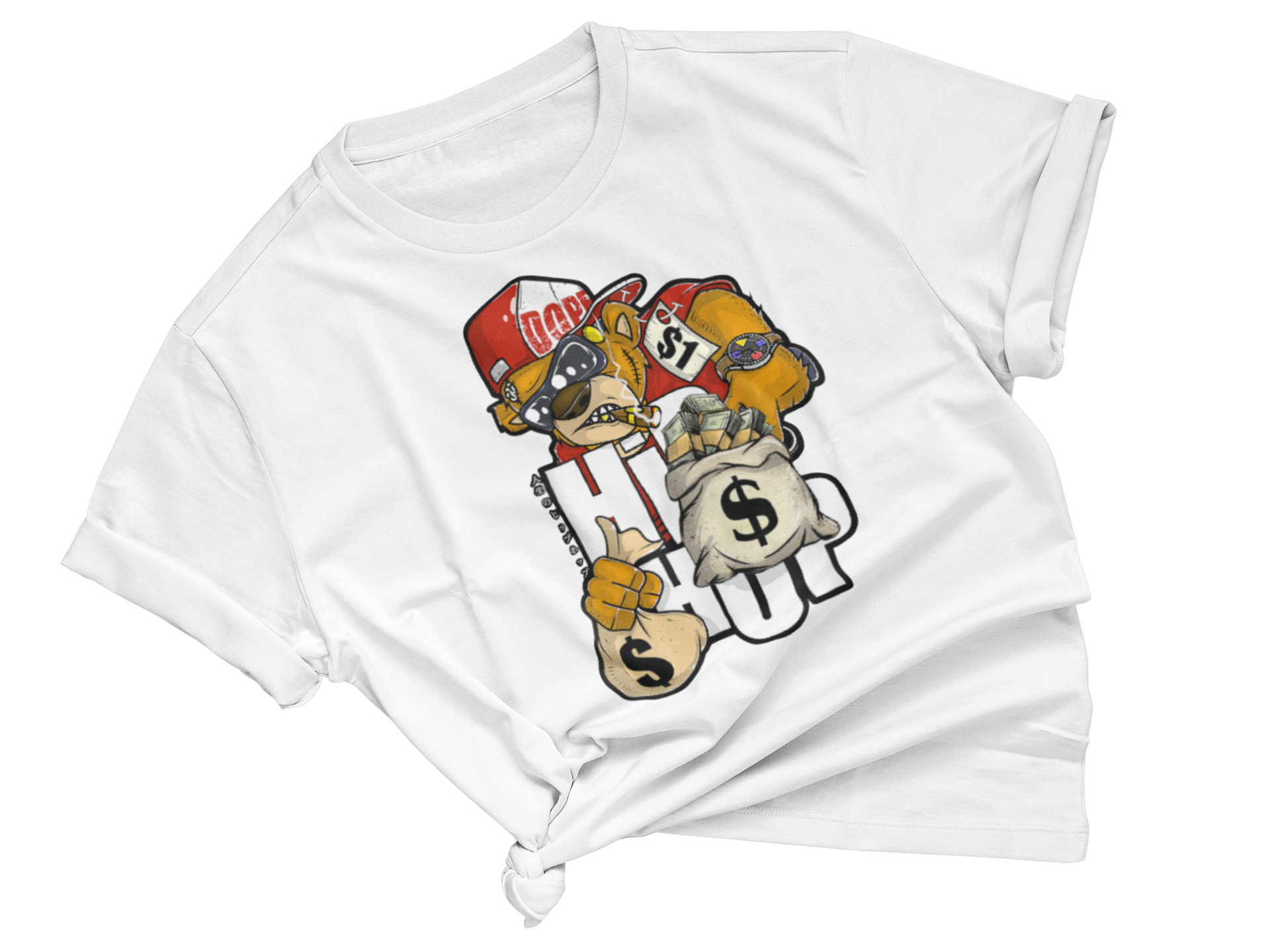 White t-shirt with cartoon graphic design on a white background