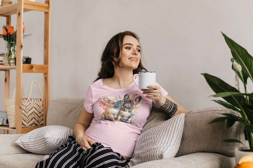 Women's French Bulldog Graphic T-Shirt, Pink Cotton, Short Sleeve Top