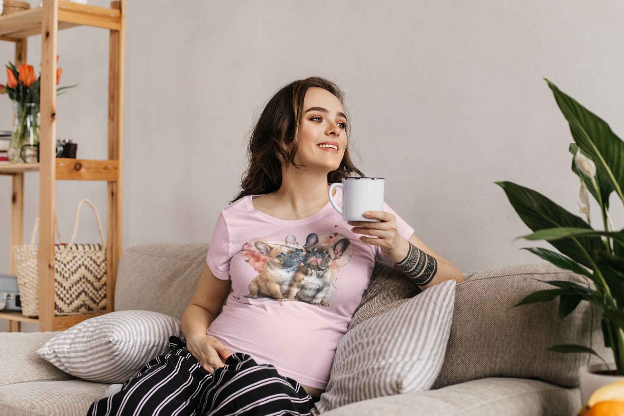 Women's French Bulldog Graphic T-Shirt, Pink Cotton, Short Sleeve Top