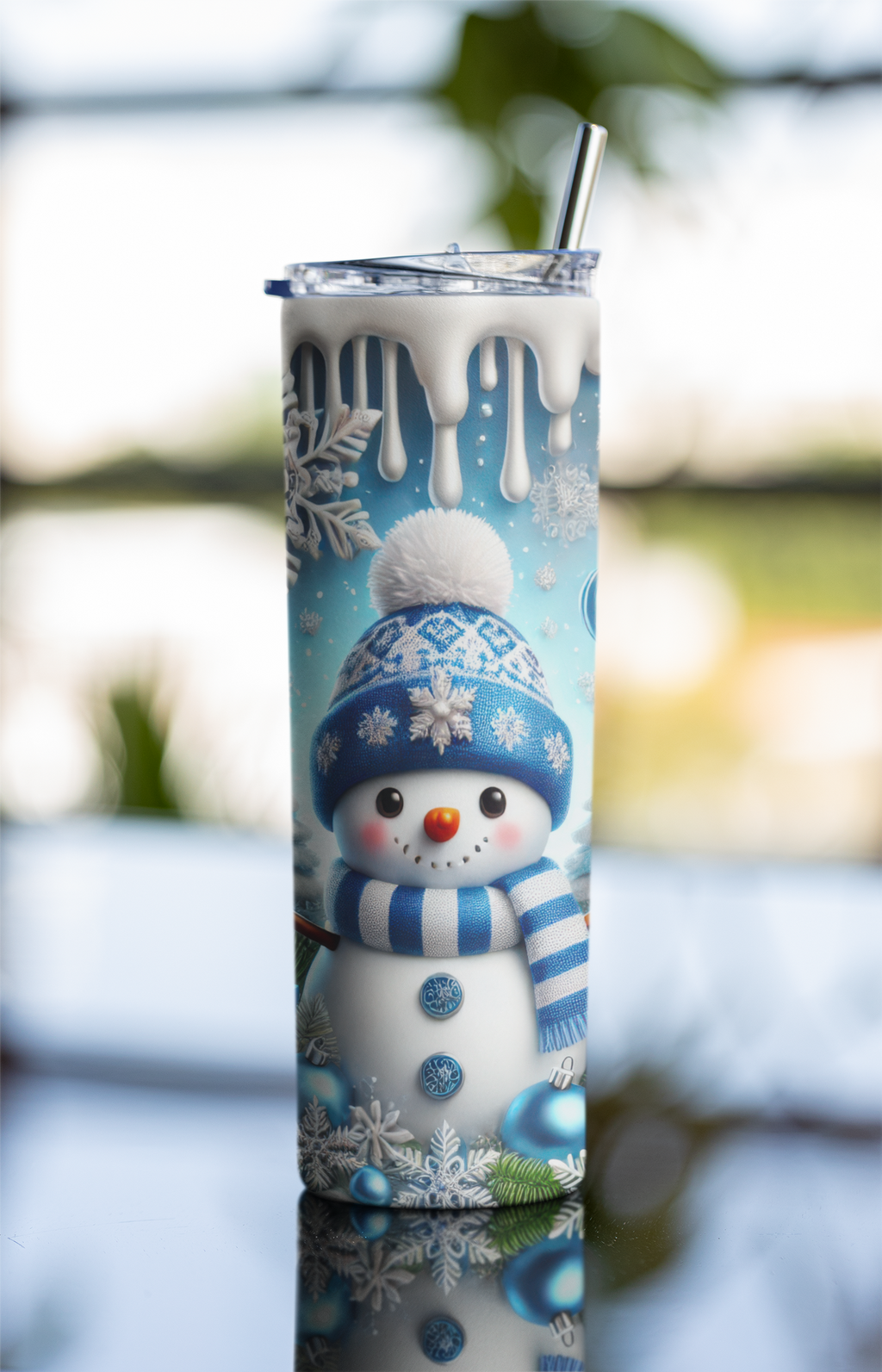 Blue Snowman Skinny Tumbler with Lid and Straw, Winter Theme, Snowflake Design