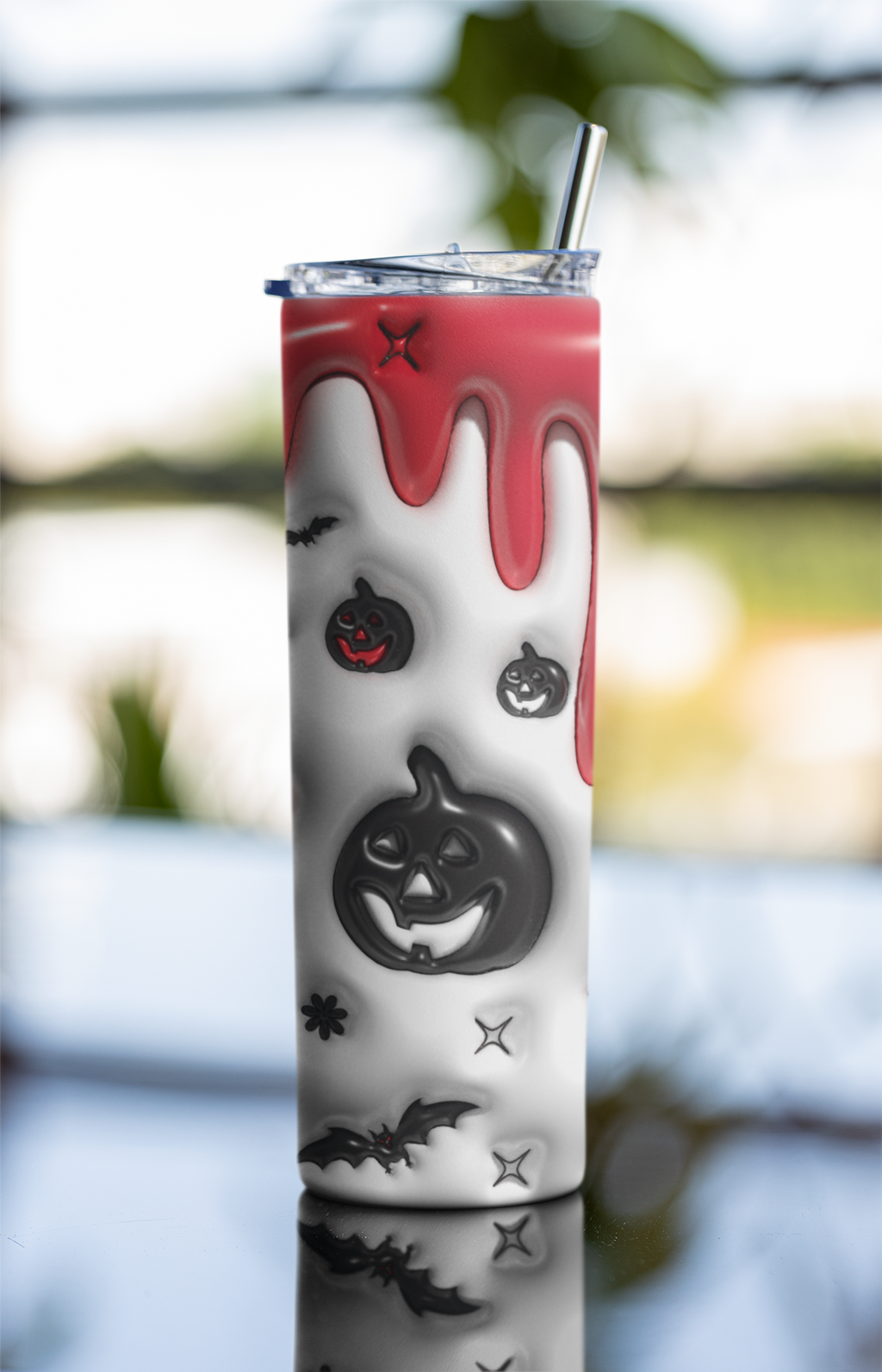 Halloween Skinny Tumbler with Lid and Straw, 3D Pumpkin and Bat Design
