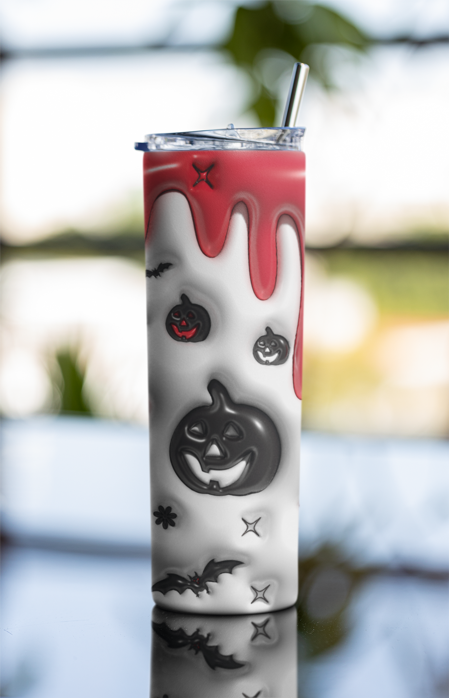 Halloween Skinny Tumbler with Lid and Straw, 3D Pumpkin and Bat Design