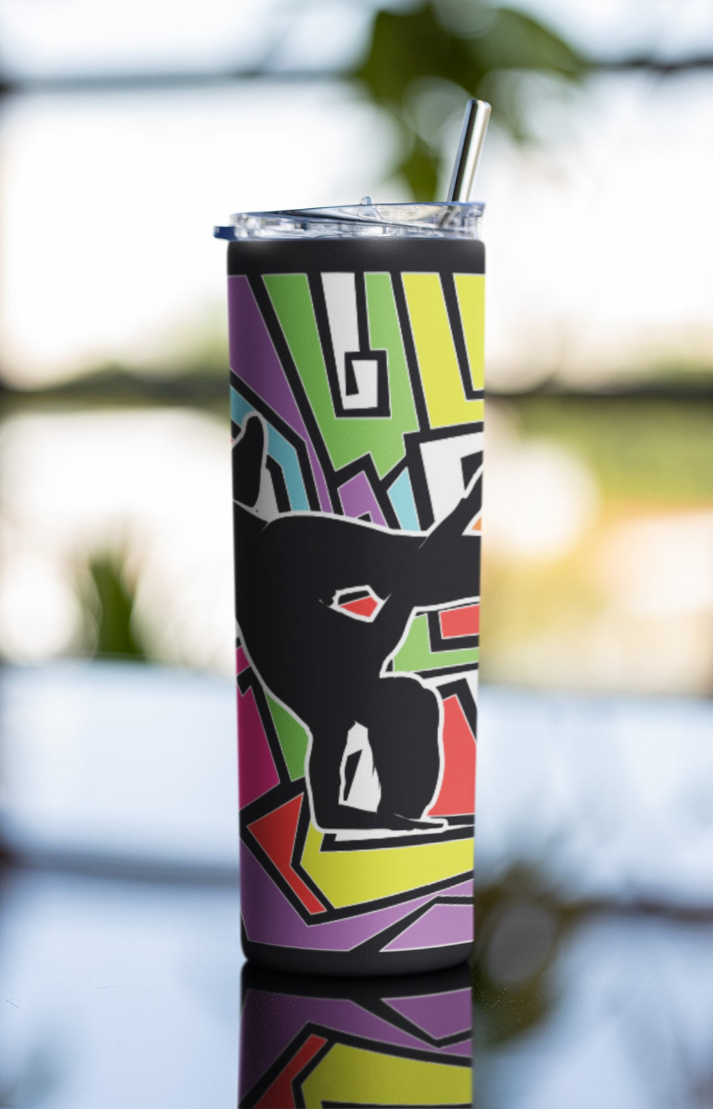 Retro Break Dance Tumbler, Stainless Steel, Colorful Geometric Design, Black Silhouette Art