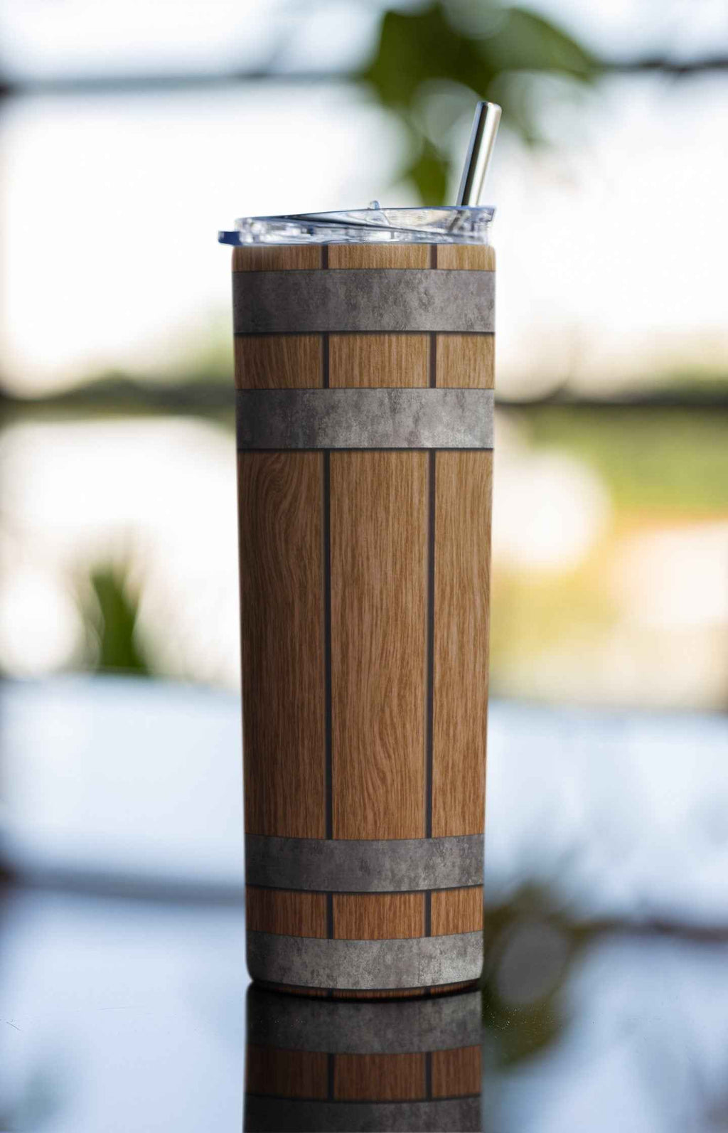 Rustic Wooden Barrel Design Tumbler Stainless Steel with Lid and Straw, 20 oz, Insulated Travel Cup