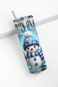 Blue Snowman Skinny Tumbler with Lid and Straw, Winter Theme, Snowflake Design