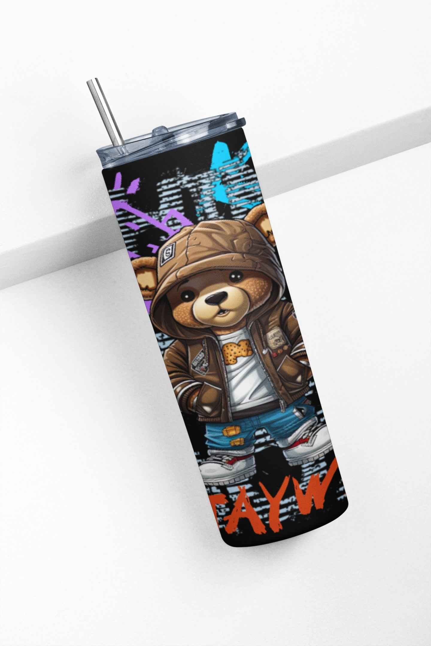 Custom Design Stylish Bear Tumbler, 20oz Stainless Steel Cup with Straw, Graffiti Art Design